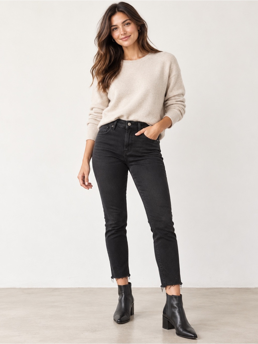 Everlane Mid-Rise Skinny Ankle Jeans Size 27 Black Raw Hem Stretch